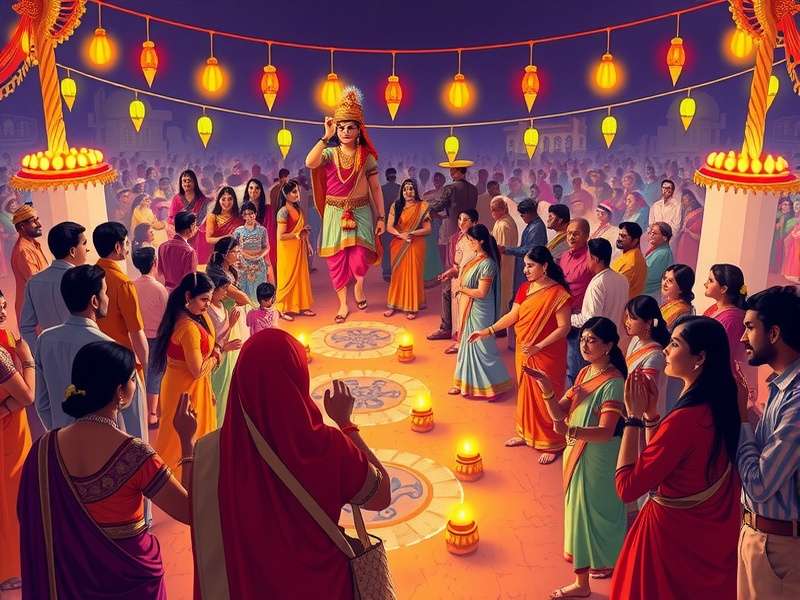 Vintage illustration of ancient Indians participating in a Navratri-inspired game with lamps and flowers